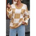 Khaki Checkered Bishop Sleeve Sweater