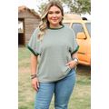 Green Stripe Trimmed Round Neck Plus Size Boxy ...