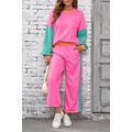 Rose Red 2pcs Color Block Pullover Loose Pant Set