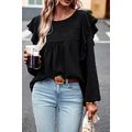 Black Lace Eyelet Ruffle Shoulder Long Sleeve B...