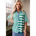 Green Stripe Colorblock Collar Half Buttons T S...