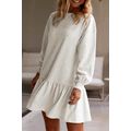 White Solid Color Puff Sleeve Ruffle Hem Mini D...