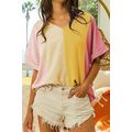 Apricot Crinkled Colorblock Patchwork V Neck T ...