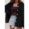 Black Solid Color Corduroy Buttoned Long Sleeve...