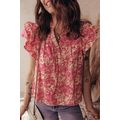Rose Allover Printed Half Button Neck Ruffle Sl...