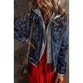 Dark Blue Fake Two-Piece Hooded Zip-Up Denim Ja...
