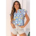 Sky Blue Flutter Sleeve V Neck Floral Top