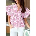 Pink Baroque Floral Ruffle Sleeve V Neck Blouse...