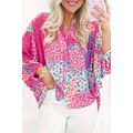 Rose Red Floral Allover Print Buttoned V Neck O...