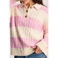 Pink Stripe Cable Knit Collared Henley Sweater
