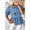 Dusk Blue Tied Front Bubble Sleeve Peplum Denim...