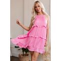 Pink Smocked Neck Knot Back Frilly Tiered Sleev...