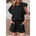 Black Textured Ruffled Sleeve Tee and Drawstrin...