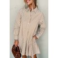 Brown Stripe Ruffled Hem Collared Long Sleeve S...
