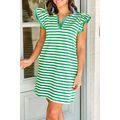 Green Stripe Print Contrast Collar Split Neck F...