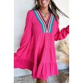 Rose Red Colorful Crochet V Neck Textured Tiere...