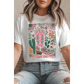 White Western Boot Flower Print Crew Neck Loose...