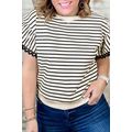 Black Stripe Eyelet Trimmed Ruffled Short Sleev...