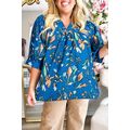 Blue Floral Notched V Neck Half Sleeve Plus Siz...