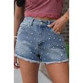 Dusk Blue Pearl Beaded Raw Hem Medium Wash Deni...