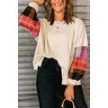 Beige Contrast Plaid Long Sleeve Exposed Seam P...