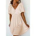 Beige Textured Deep V Neck Cutout Back Mini Dress