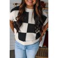 Black Checkered Color Block Crew Neck Short Sle...