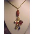 Beaded Necklace Lapis Glass Amber Bead Gold Cab...