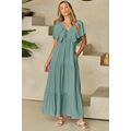 Green Textured V Neck Flutter Sleeve Ruffled Ma...