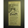 1958 Greek Line Cruise Ad - Your twin tourist routes to Europe in golden fall