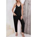 Black Side Pockets Harem Pants Sleeveless V Nec...