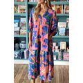 Blue Floral Print 3/4 Sleeve V Neck Tiered Long...