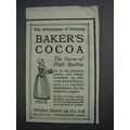 1913 Baker's Cocoa Ad - The Advantages of Drinking
