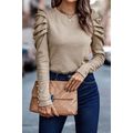 Khaki Buttoned Puff Long Sleeve Sheath Top