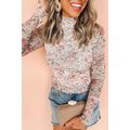 Pink Floral Long Sleeve High Neck Sheath Mesh B...