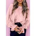 Apricot Pink Pleated Round Neck Flounce Sleeve ...