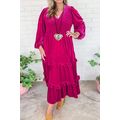 Rose Red Shirred V Neck Tiered Ruffled Velvet P...