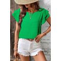 Dark Green Textured Ruffled Sleeve Round Neck Top