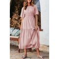 Pink Puff Sleeve Pleated High Waist Flowy Midi ...