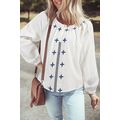 White Geometric Embroidered Long Sleeve Buttone...