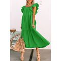 Green Ruffled Flutter Sleeve Square Neck Textur...