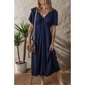 Navy Blue V Neck Buttoned Front Shirred Back Sh...