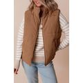 Coffee Corduroy Stand Neck Zipped Puffer Vest