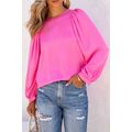 Pink Satin Puff Long Sleeve Crewneck Blouse