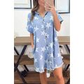 Sky Blue Stars Frayed Hem Collared Short Sleeve...