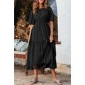 Black Puff Sleeve Pleated High Waist Flowy Midi...