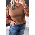 Brown Floral Sleeve Patchwork Round Neck Plus B...