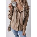 Pale Khaki Hooded Drawstring Pockets Corduroy S...