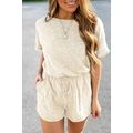 Beige Ribbed Elastic Waist Romper