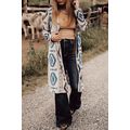 Sky Blue Western Aztec Printed Open Front Long ...